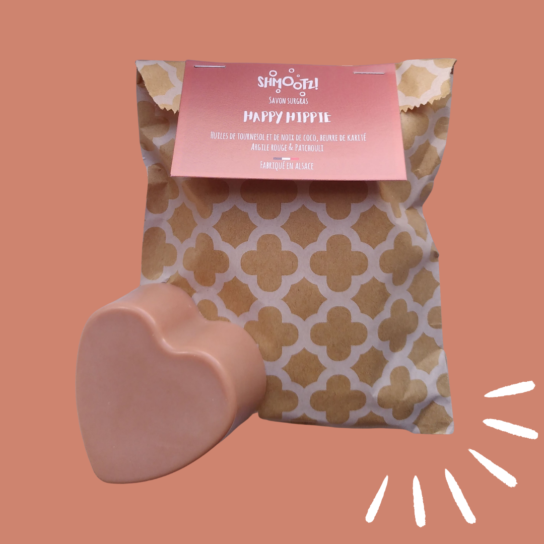 savon solide Happy Hippie SHMOOTZ Alsace patchouli argile rouge coeur
