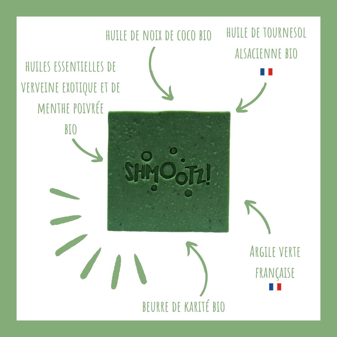 savon solide Shmootz Alsace litsée menthe argile verte artisanal composition